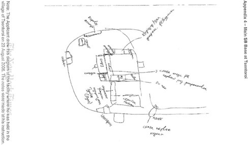 Нарисованная У.Исраиловым схема помещений в с. Центорой, в которых он тайно удерживался в августе 2006 г.  Схема приложена к иску Исраилова в ЕСПЧ.