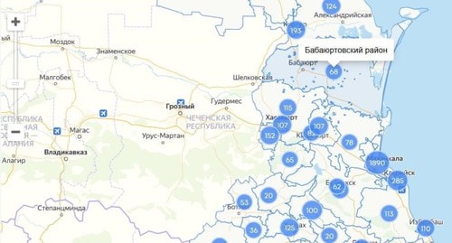 Распределение случаев COVID-19 по муниципалитетам Дагестана. Данные регионального управления Роспотребнадзора. Скриншот с сайта https://mydagestan.e-dag.ru/