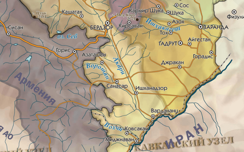 Бердзор (азербайджанское название - Лачин), Санасар (Губадлы) и Ковсакан (Зангилан) на карте Нагорного Карабаха и его "зоны безопасности". https://www.mlin.store/articles/354792/