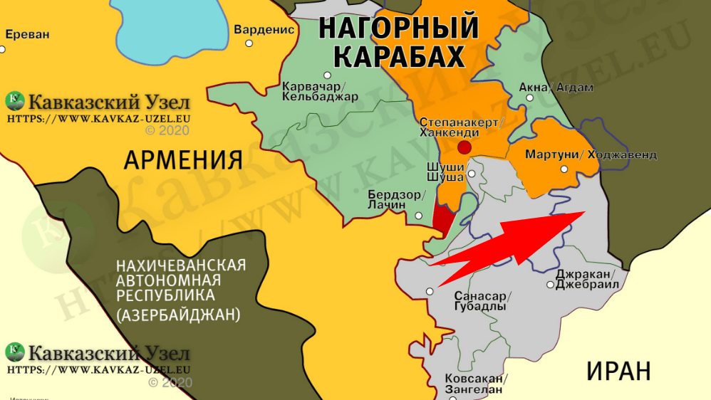 Стрелкой указана часть Физулинского района Азерббайджана, входившая в состав Гадрутского района Нагорного Карабаха и перешедшая под контроль Баку осенью 2020 года. Фрагмент карты https://www.mlin.store/articles/356336/